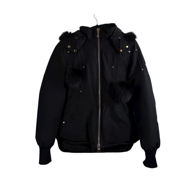 Moose Knuckles Beaver Fox Fur Hooded Down Bomber Jacket Black Size Small - Picture 2 of 16